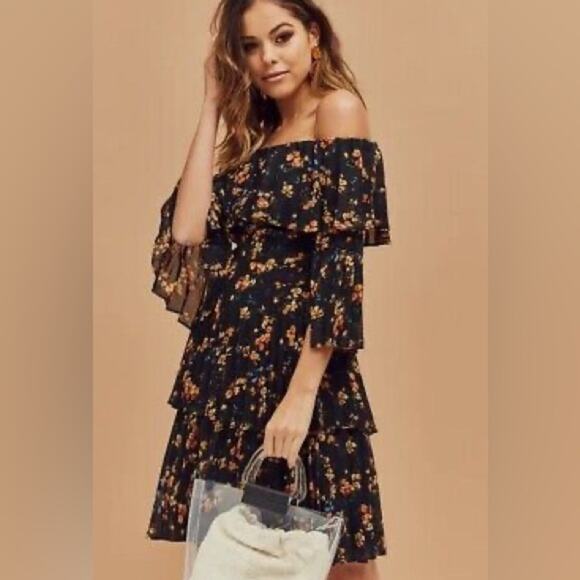 Revolve Bardot Ditsy Layered Black Floral Dress | Off Shoulder Spring Coquette - Picture 3 of 13